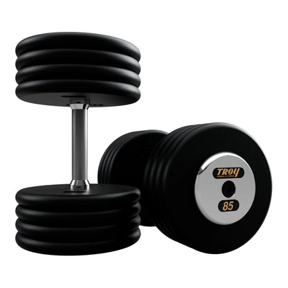 Troy Barbell PFD Pro Style Black plates, straight handle with chrome end caps Dumbbells 85 lb pair.
