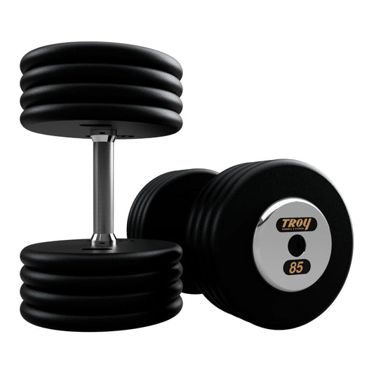 Troy Barbell PFD Pro Style Black plates, straight handle with chrome end caps Dumbbells 85 lb pair.