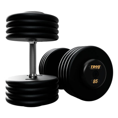 Troy Barbell PFD Pro Style Black plates, straight handle with black rubber end caps Dumbbells 85 lb pair.