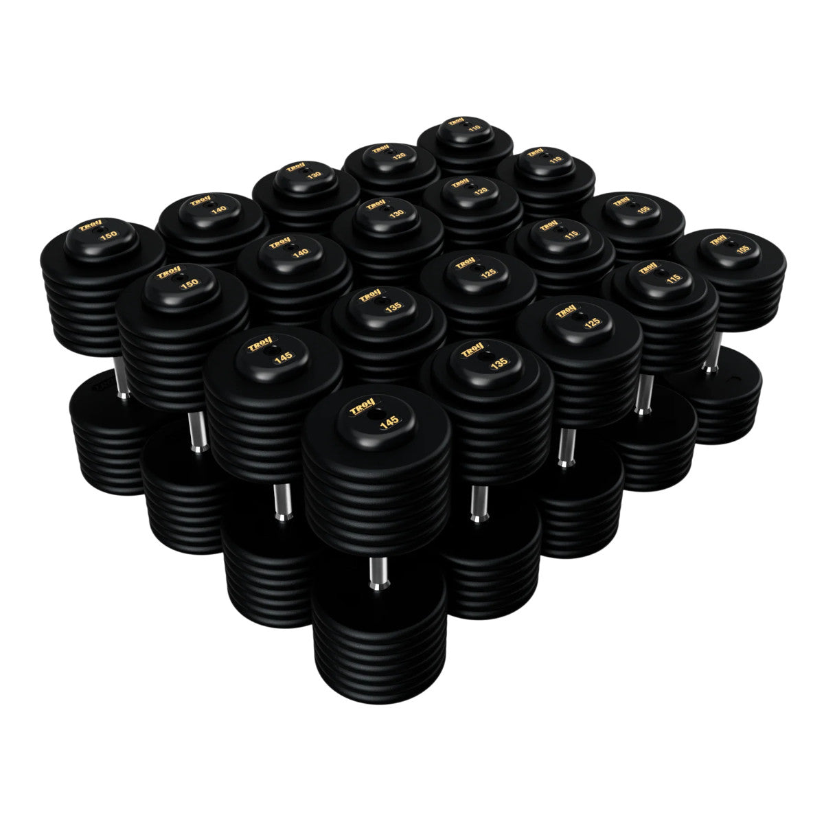 Troy Barbell PFD Pro Style Black plates, straight handle with black rubber end caps Dumbbells 105 to 150 lb set.