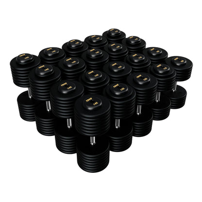 Troy Barbell PFD Pro Style Black plates, straight handle with black rubber end caps Dumbbells 105 to 150 lb set.