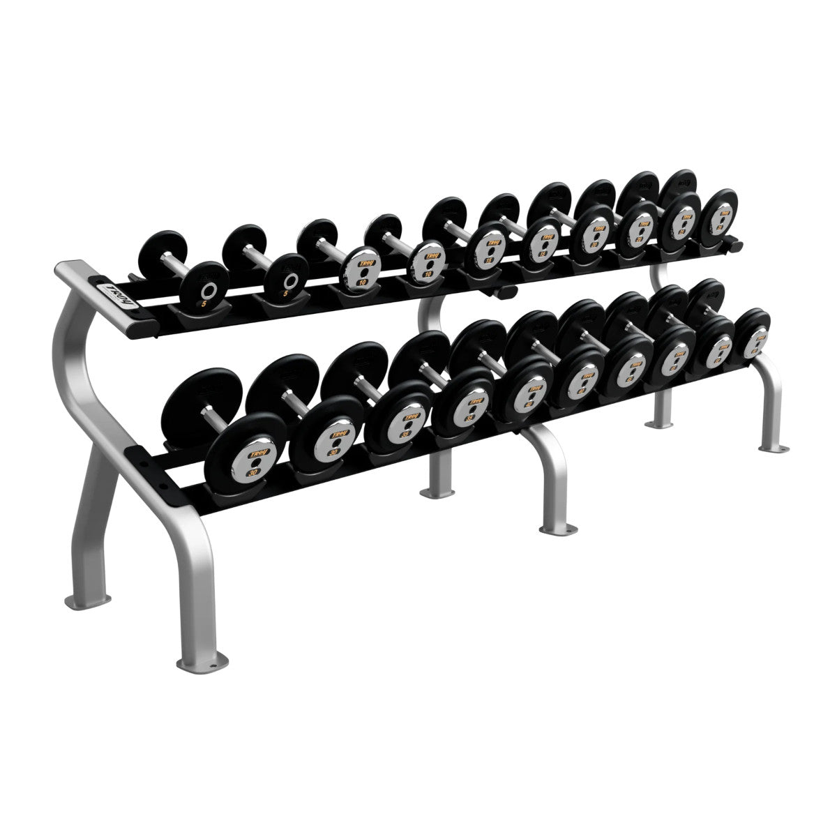Troy Barbell PFD-C Pro Style Black Straight Dumbbell Set with Rack on white background