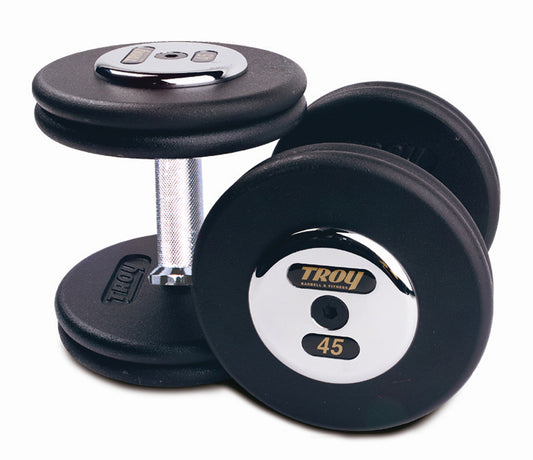 Troy Barbell PFD Pro Style Black Dumbbells with chrome end caps.
