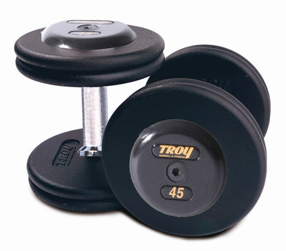 Troy Barbell PFD Pro Style Black Dumbbell with black rubber end caps.