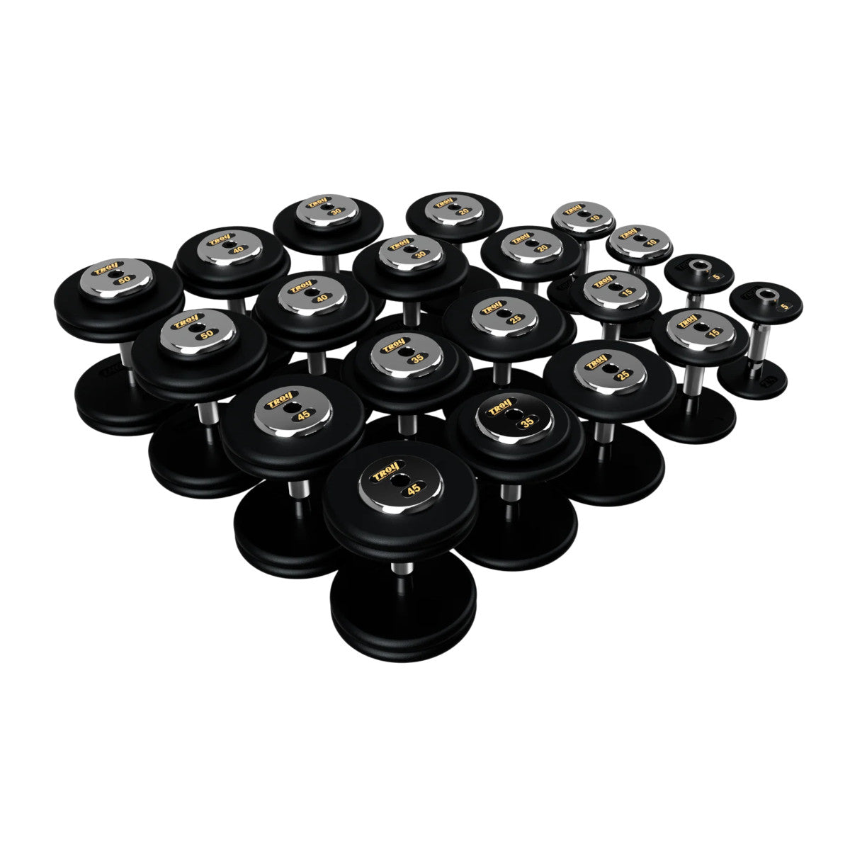Troy Barbell PFDC Pro Style Black plates, contour handle with chrome end caps Dumbbells 5 to 50 lb set.