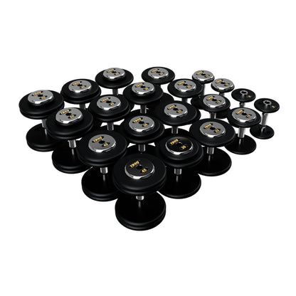 Troy Barbell PFDC Pro Style Black plates, contour handle with chrome end caps Dumbbells 5 to 50 lb set.