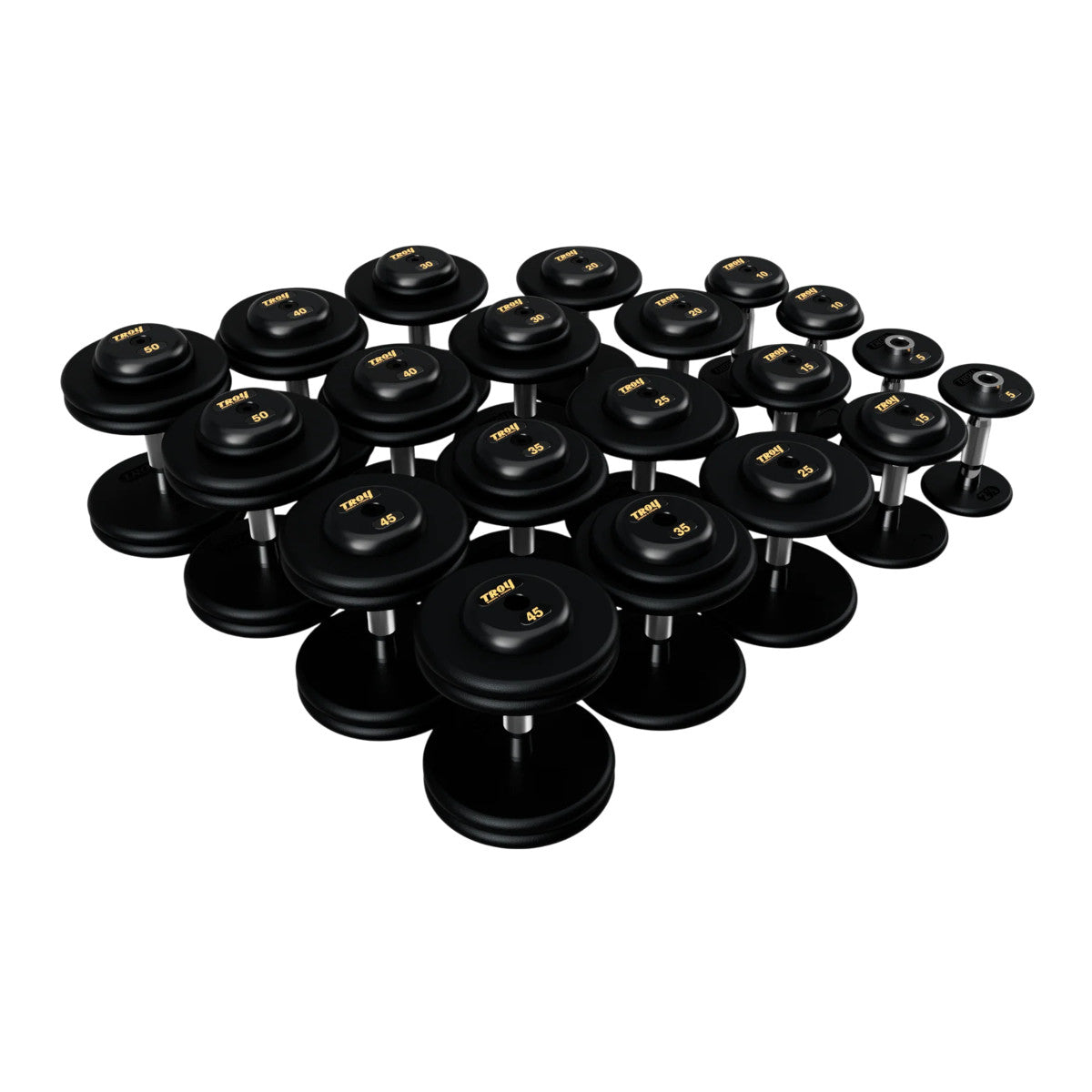 Troy Barbell PFDC Pro Style Black plates, contour handle with black rubber end caps Dumbbells 5 to 50 lb set.