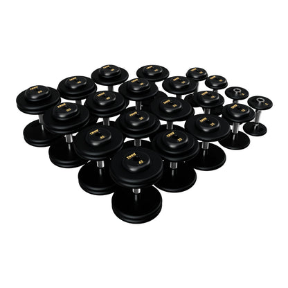 Troy Barbell PFDC Pro Style Black plates, contour handle with black rubber end caps Dumbbells 5 to 50 lb set.