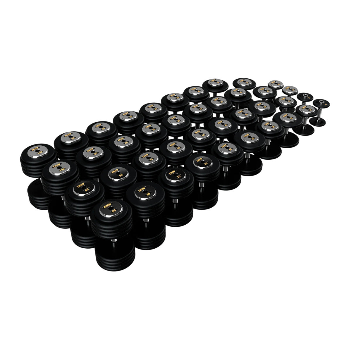 Troy Barbell PFDC Pro Style Black plates, contour handle with chrome end caps Dumbbells 5 to 100 lb set.