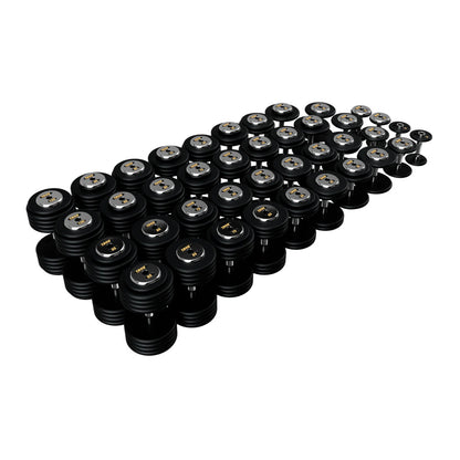 Troy Barbell PFDC Pro Style Black plates, contour handle with chrome end caps Dumbbells 5 to 100 lb set.