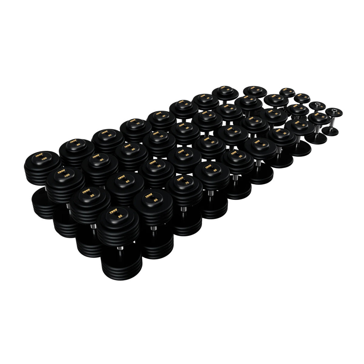 Troy Barbell PFDC Pro Style Black plates, contour handle with black rubber end caps Dumbbells 5 to 100 lb set.