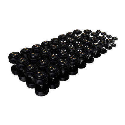 Troy Barbell PFDC Pro Style Black plates, contour handle with black rubber end caps Dumbbells 5 to 100 lb set.