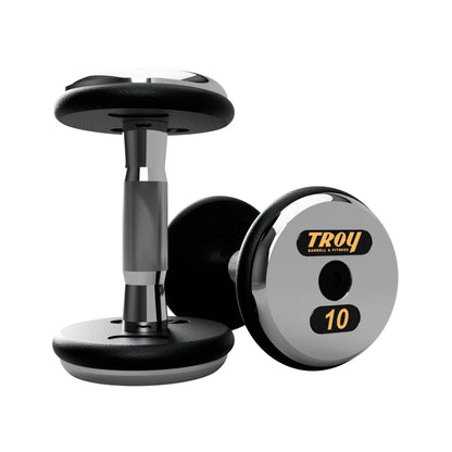 Troy Barbell PFDC Pro Style Black plates, contour handle with chrome end caps Dumbbells 10 lb pair.