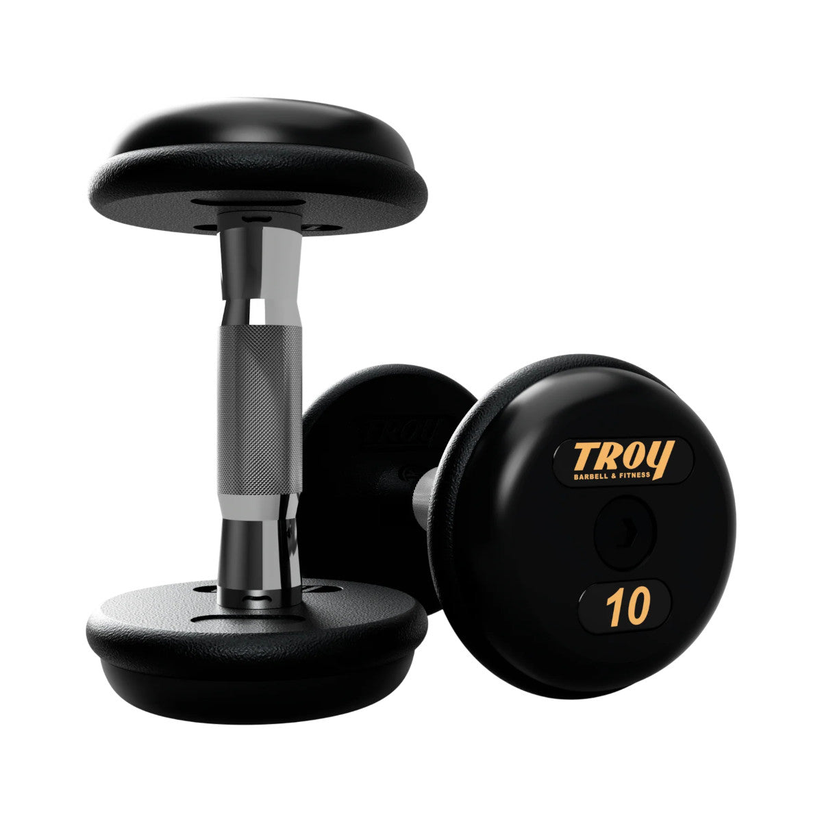 Troy Barbell PFDC Pro Style Black plates, contour handle with black rubber end caps Dumbbells 10 lb pair.