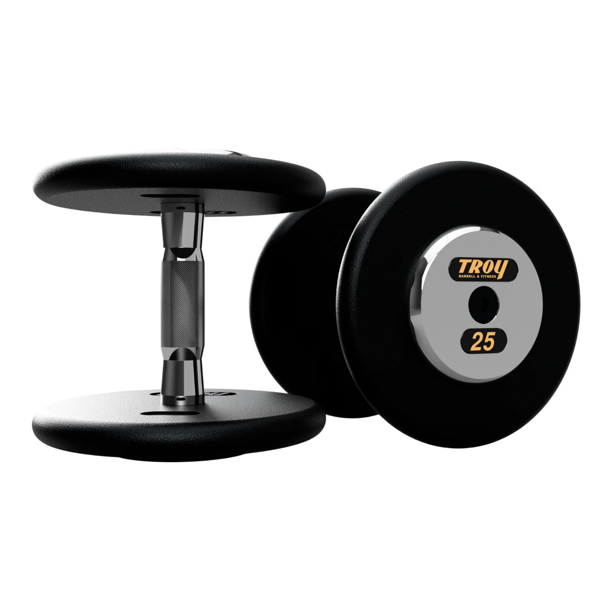 Troy Barbell PFDC Pro Style Black plates, contour handle with chrome end caps Dumbbells 25 lb pair.
