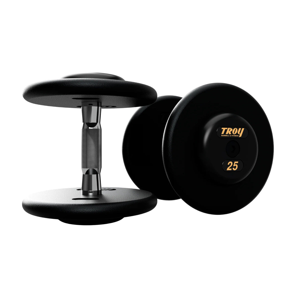 Troy Barbell PFDC Pro Style Black plates, contour handle with black rubber end caps Dumbbells 25 lb pair.