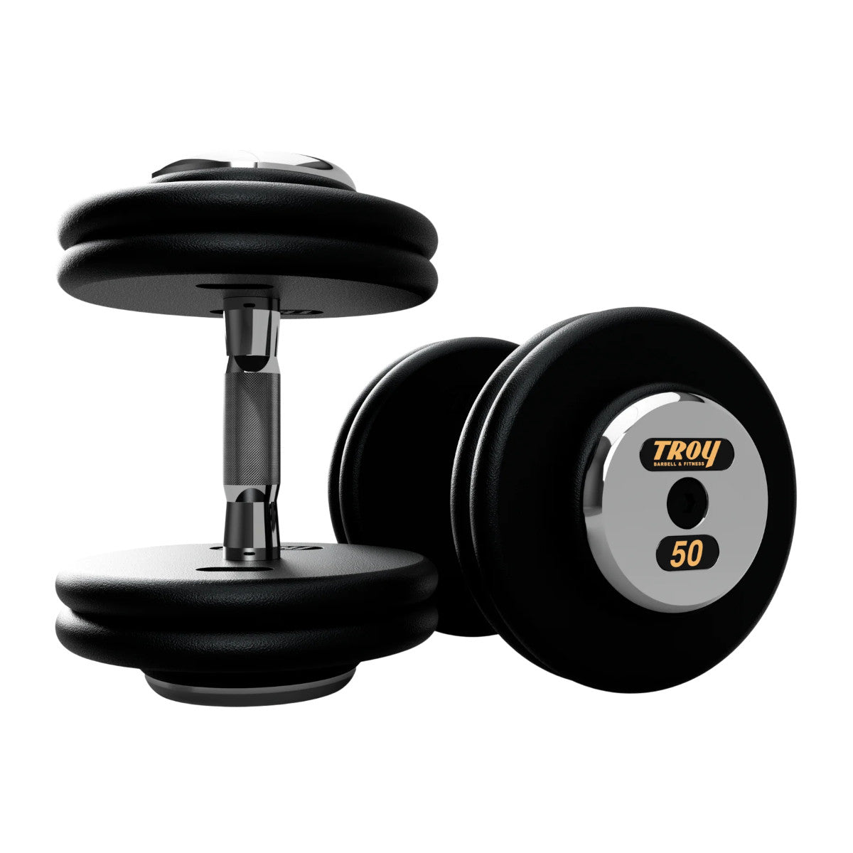 Troy Barbell PFDC Pro Style Black plates, contour handle with chrome end caps Dumbbells 50 lb pair.
