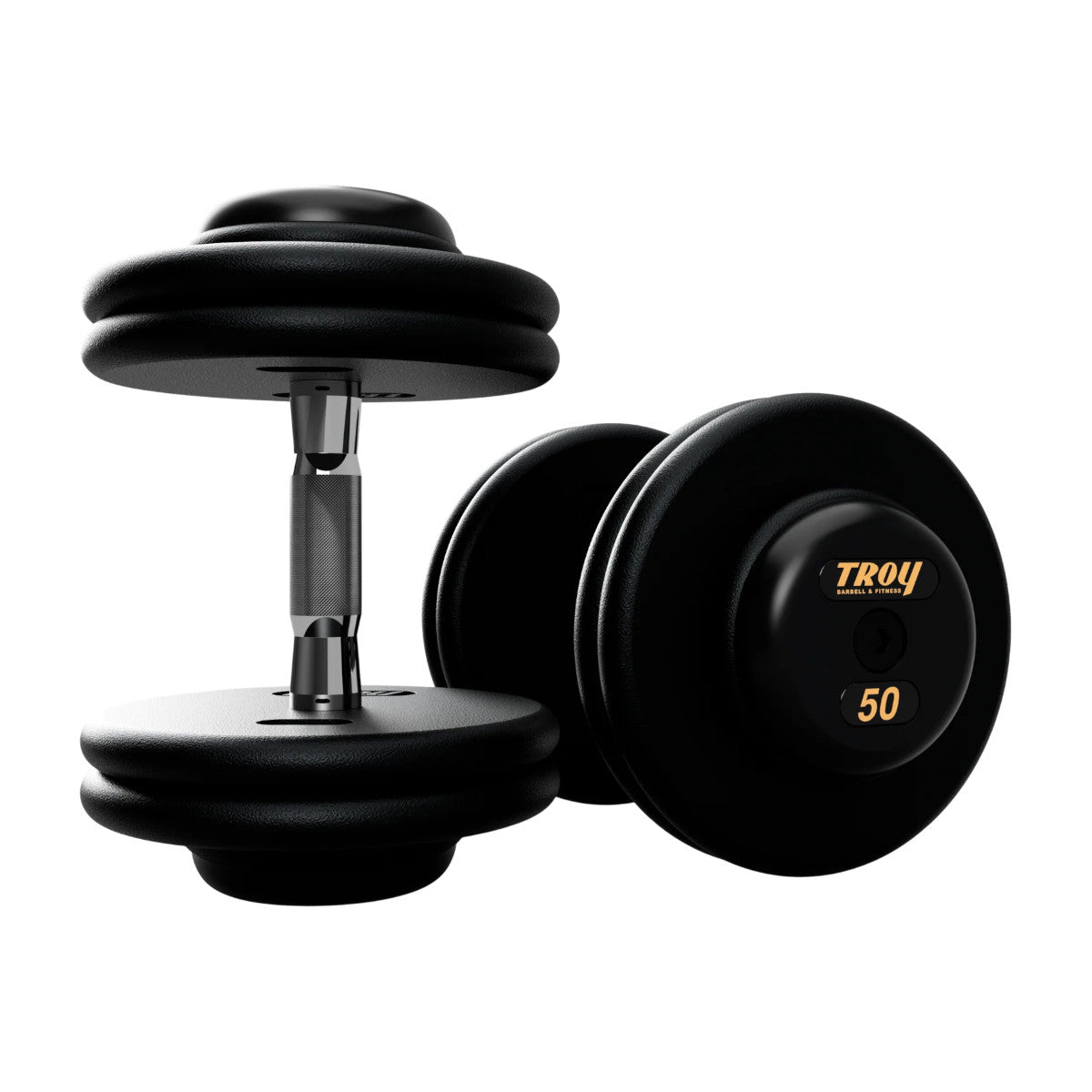 Troy Barbell PFDC Pro Style Black plates, contour handle with black rubber end caps Dumbbells 50 lb pair.