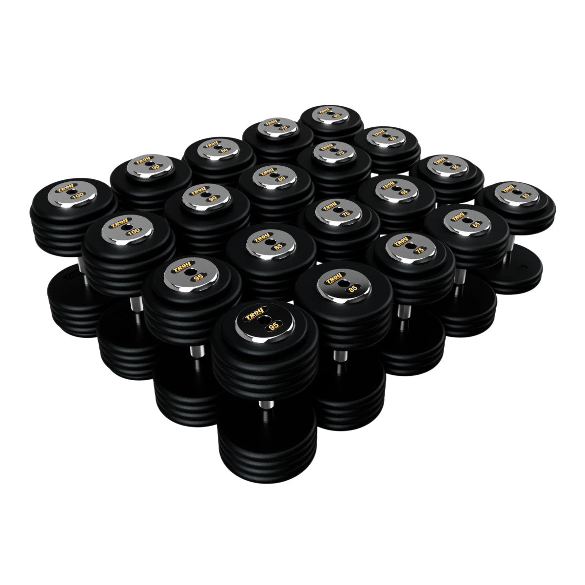 Troy Barbell PFDC Pro Style Black plates, contour handle with chrome end caps Dumbbells 55 to 100 lb set.