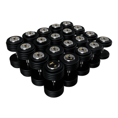 Troy Barbell PFDC Pro Style Black plates, contour handle with chrome end caps Dumbbells 55 to 100 lb set.