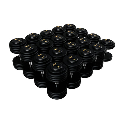 Troy Barbell PFDC Pro Style Black plates, contour handle with black rubber end caps Dumbbells 5 to 100 lb set.