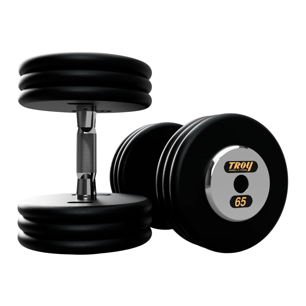 Troy Barbell PFDC Pro Style Black plates, contour handle with chrome end caps Dumbbells 65 lb pair.