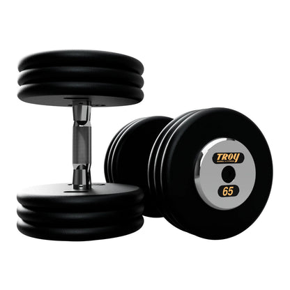 Troy Barbell PFDC Pro Style Black plates, contour handle with chrome end caps Dumbbells 65 lb pair.