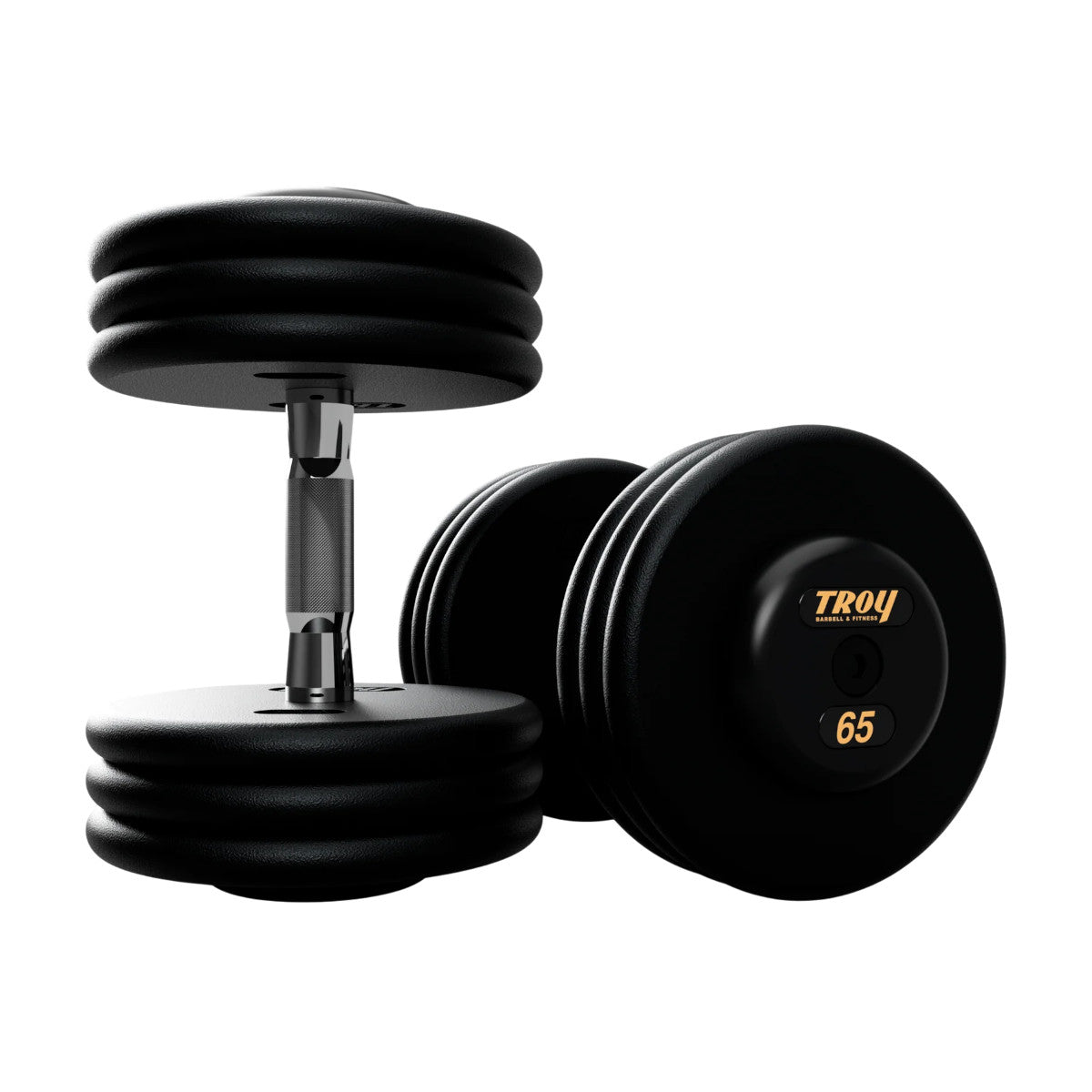 Troy Barbell PFDC Pro Style Black plates, contour handle with black rubber end caps Dumbbells 65 lb pair.