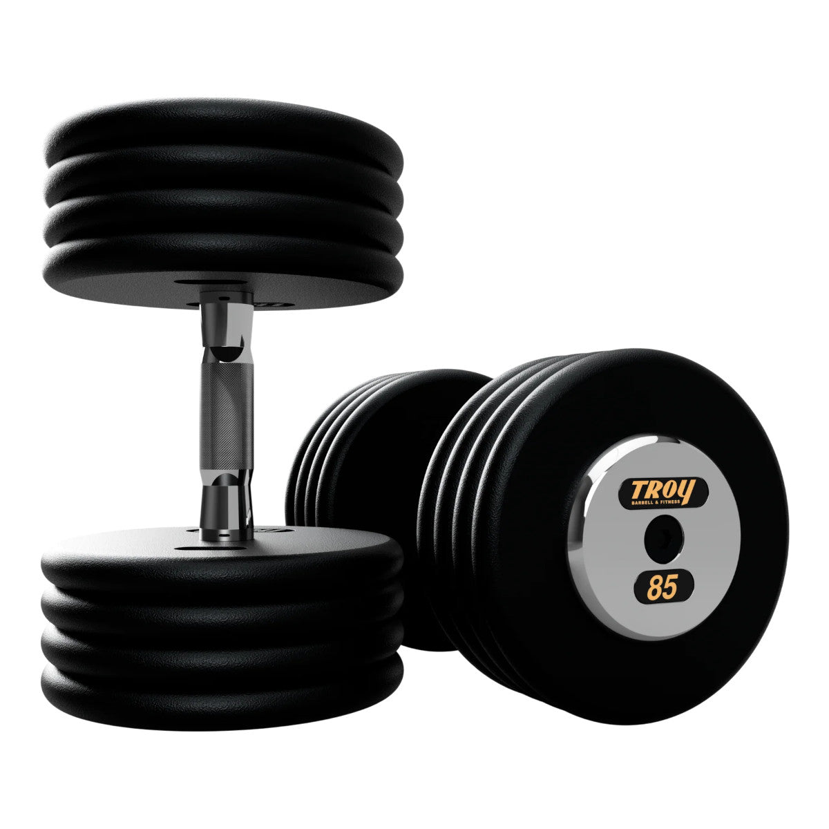 Troy Barbell PFDC Pro Style Black plates, contour handle with chrome end caps Dumbbells 85 lb pair.