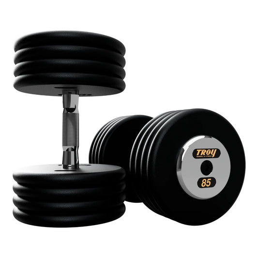 Troy Barbell PFDC Pro Style Black plates, contour handle with chrome end caps Dumbbells 85 lb pair.