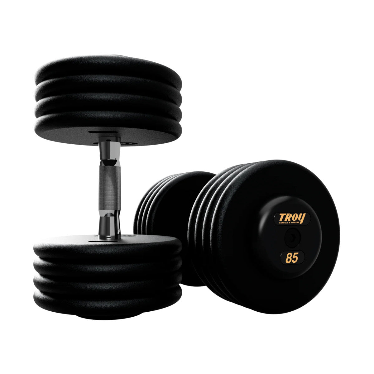 Troy Barbell PFDC Pro Style Black plates, contour handle with black rubber end caps Dumbbells 85 lb pair.
