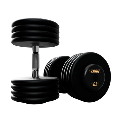 Troy Barbell PFDC Pro Style Black plates, contour handle with black rubber end caps Dumbbells 85 lb pair.