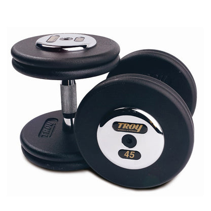 Troy Barbell PFDC Pro Style Black Dumbbells with chrome end caps.