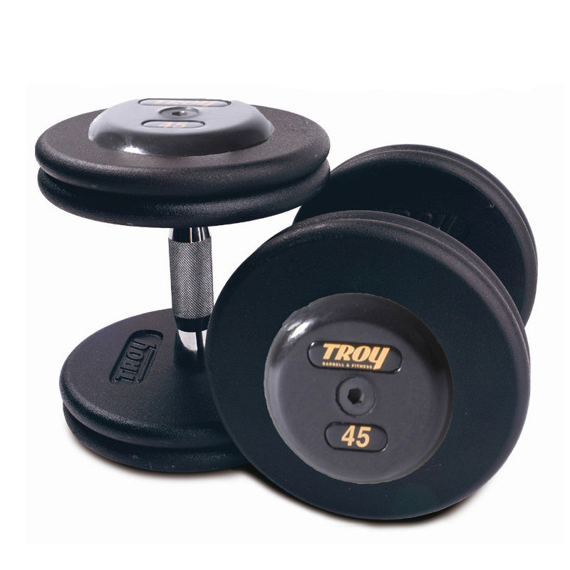 Troy Barbell PFDC Pro Style Black Dumbbells with black rubber end caps.