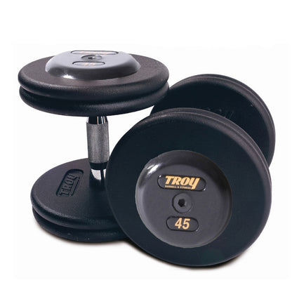 Troy Barbell PFDC Pro Style Black Dumbbells with black rubber end caps.