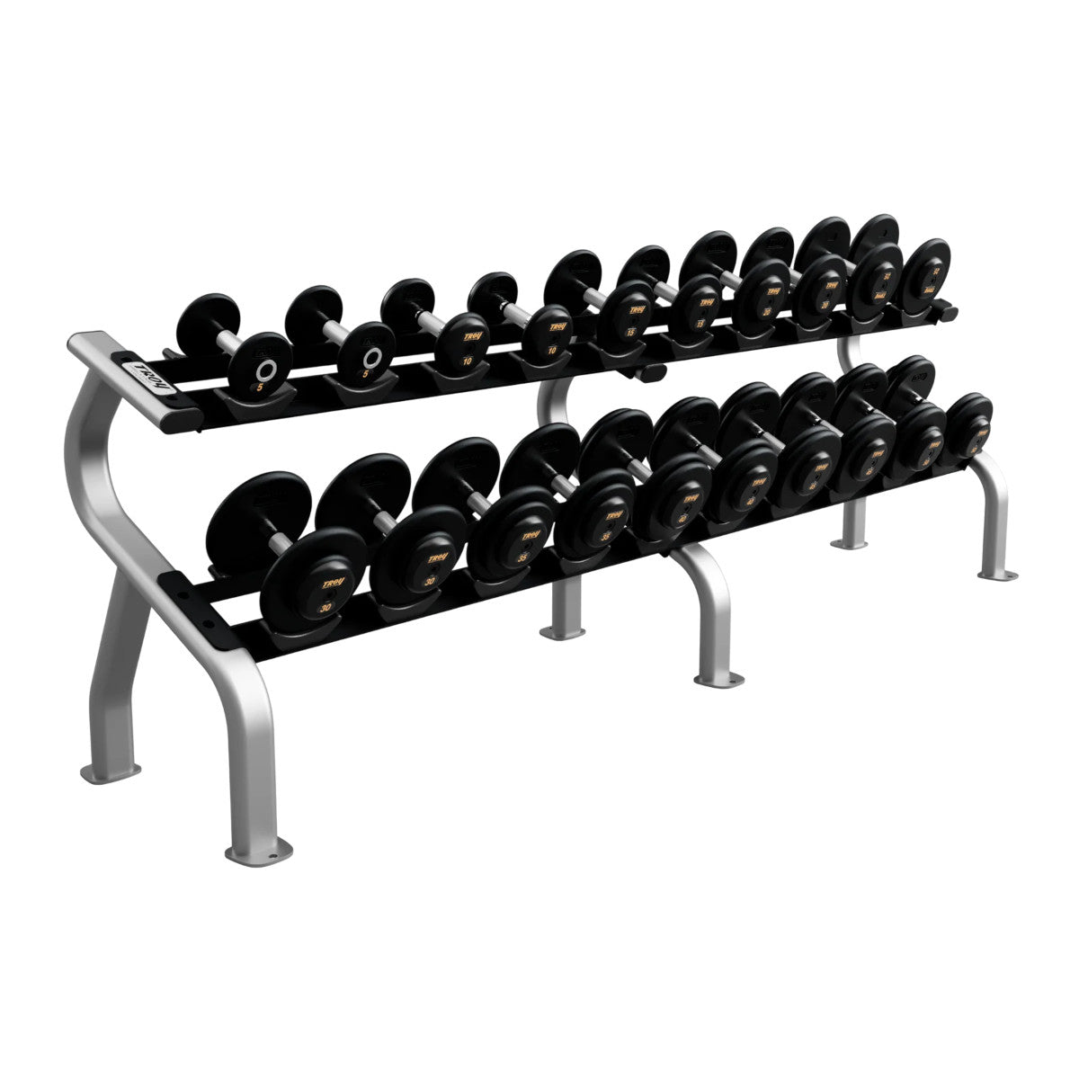Troy Barbell PFDC-R Pro Style Black Contour Dumbbell Set w/Racks on white background