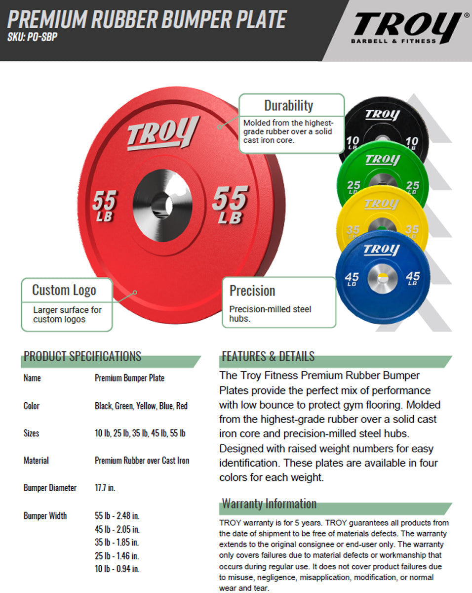 Troy Barbell PO-SBP Premium Rubber Bumper Plate specs on white background