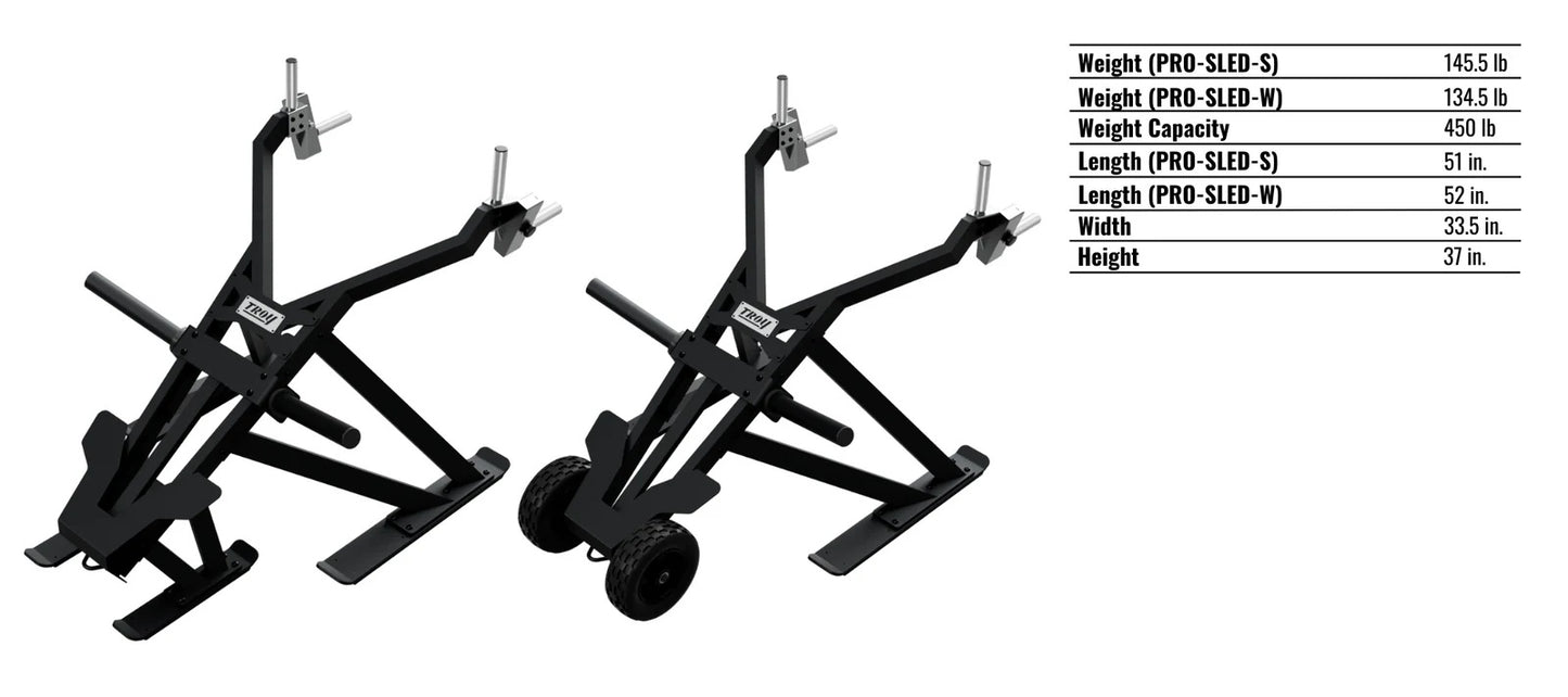 Troy Barbell Pro Force Sled shown with wheels and sled rails specifications.