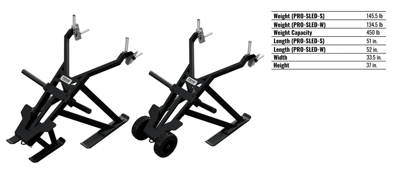 Troy Barbell Pro Force Sled shown with wheels and sled rails specifications.