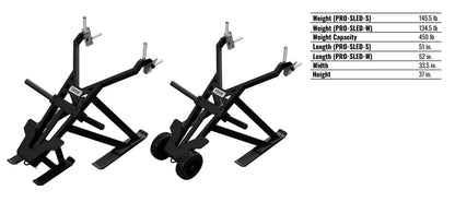 Troy Barbell Pro Force Sled shown with wheels and sled rails specifications.