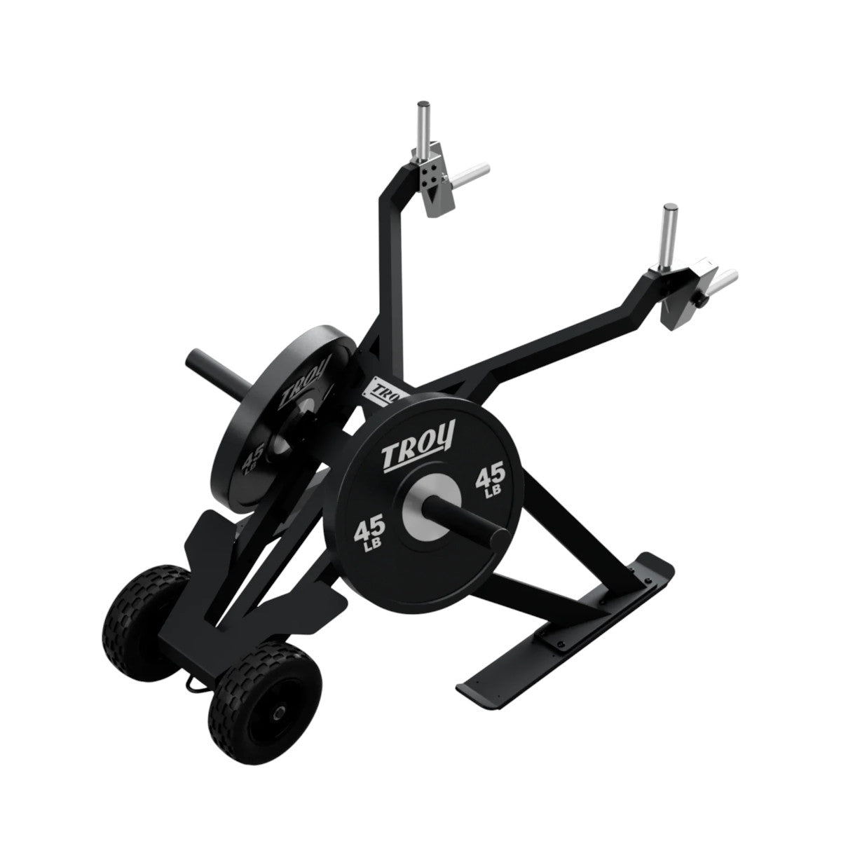 Troy Barbell Pro Force Sled with wheels and weight plates opposite view.