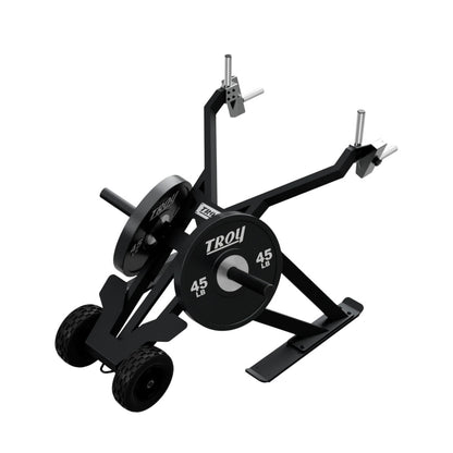 Troy Barbell Pro Force Sled with wheels and weight plates opposite view.