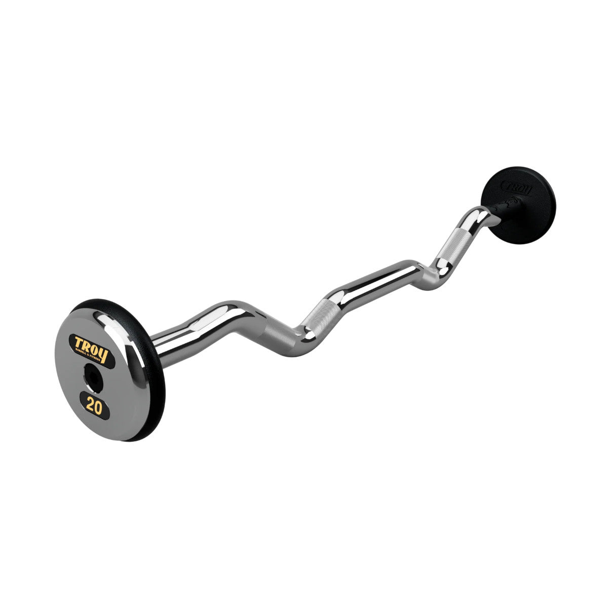 Troy Barbell PZB-C Pro Style 20lb EZ Curl Black Barbell Chrome End Cap on white background.