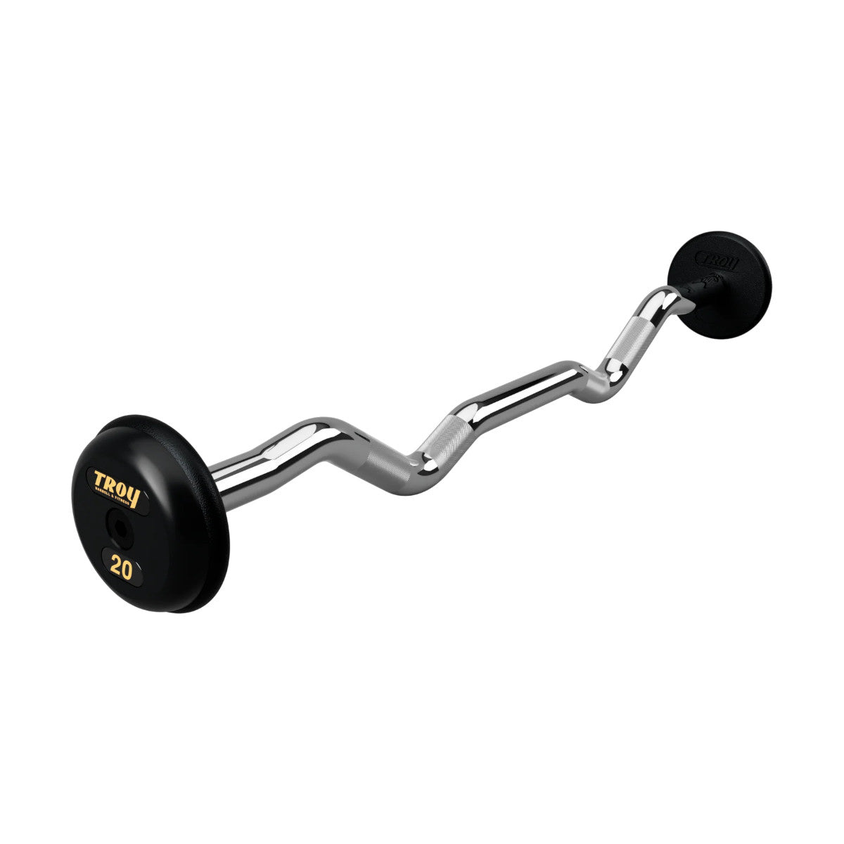 Troy Barbell PZB-R Pro Style 20lb EZ Curl Black Barbell Black End Cap on white background.