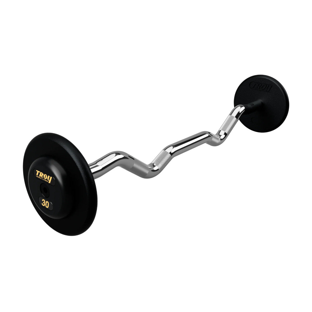 Troy Barbell PZB-R Pro Style 30lb EZ Curl Black Barbell Black End Cap on white background.