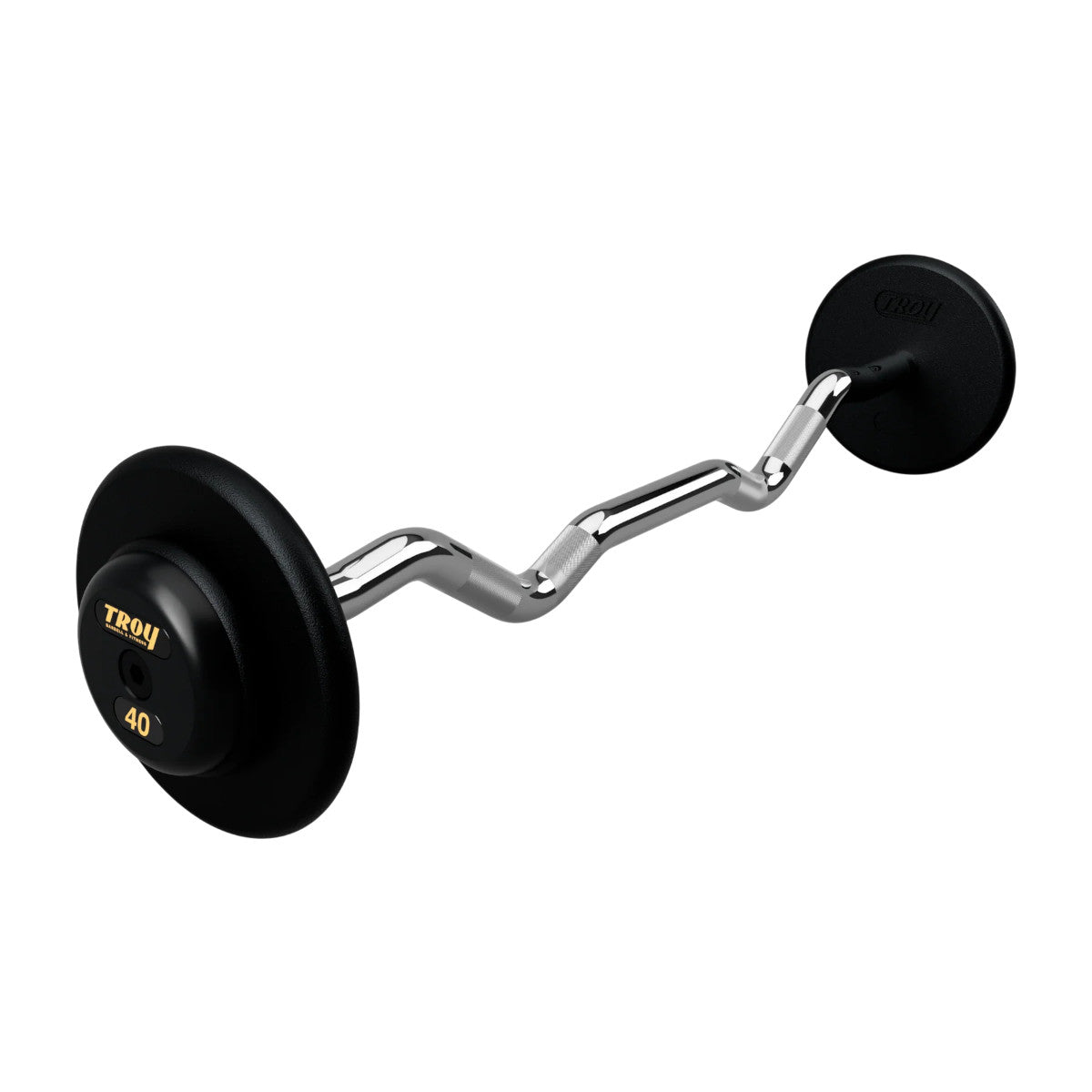 Troy Barbell PZB-R Pro Style 40lb EZ Curl Black Barbell Black End Cap on white background.