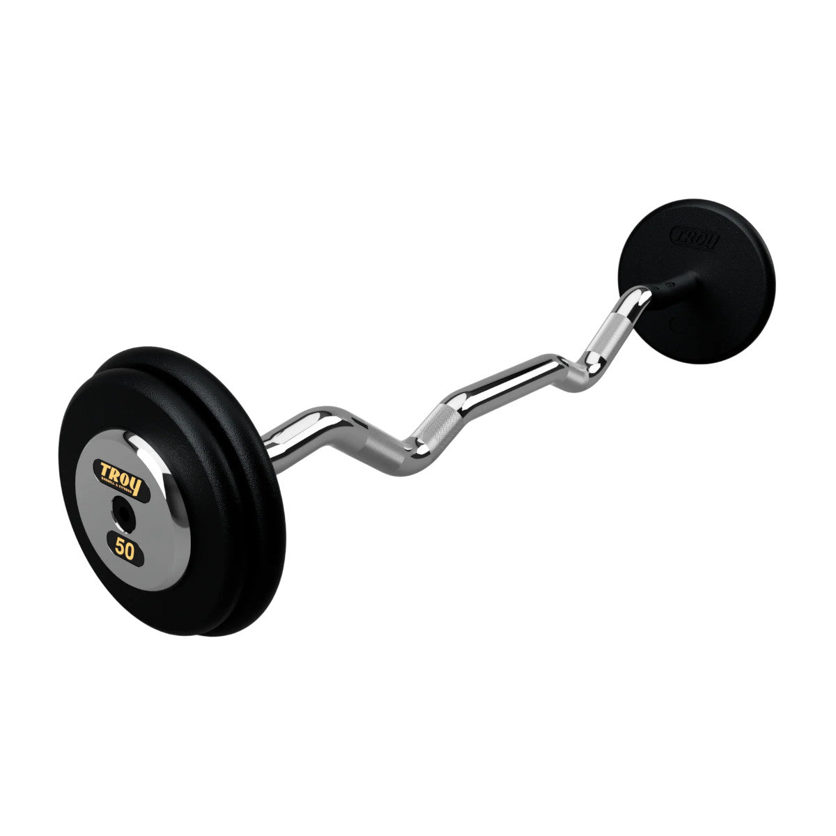 Troy Barbell PZB-C Pro Style 50lb EZ Curl Black Barbell Chrome End Cap on white background.