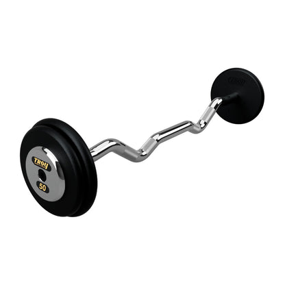 Troy Barbell PZB-C Pro Style 50lb EZ Curl Black Barbell Chrome End Cap on white background.