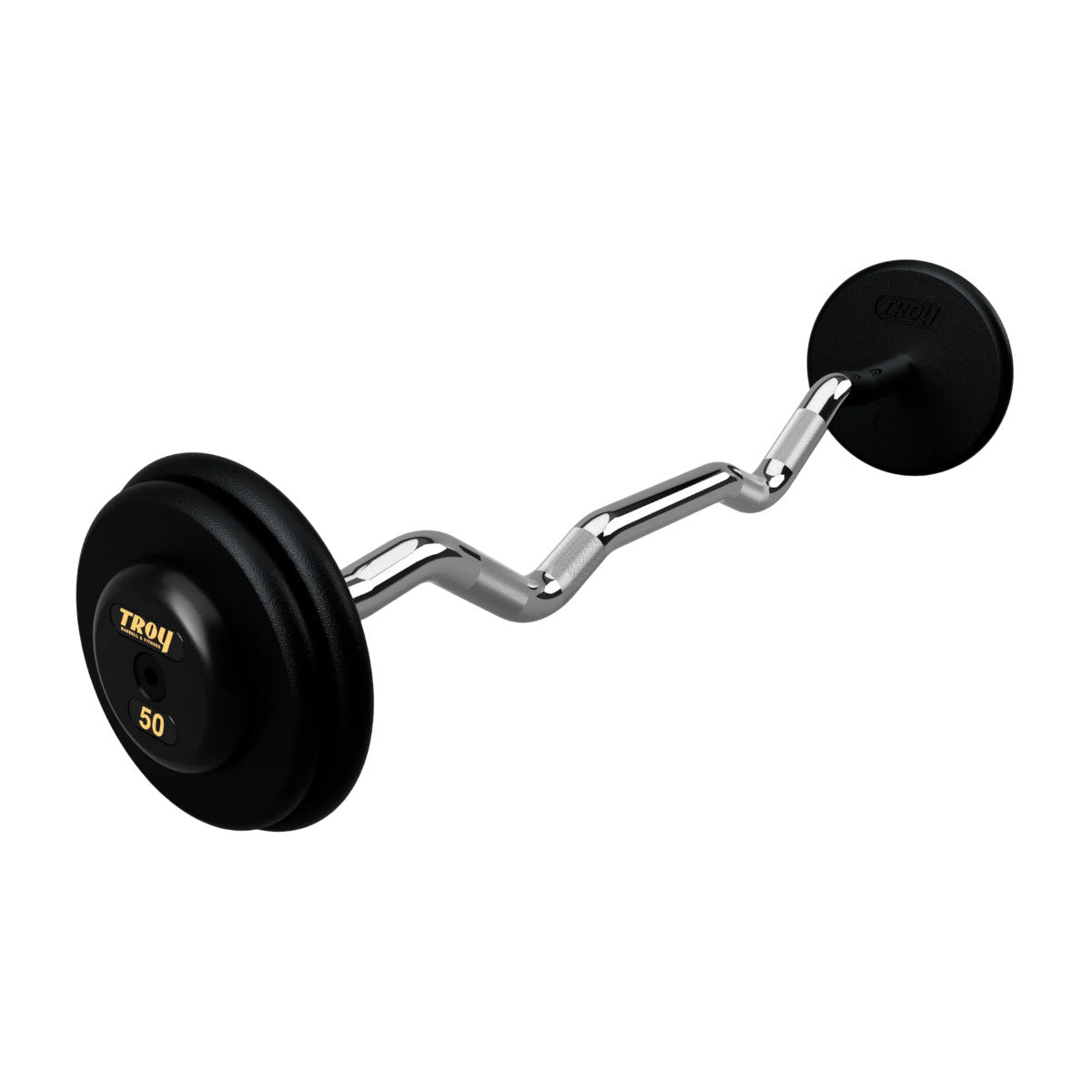 Troy Barbell PZB-R Pro Style 50lb EZ Curl Black Barbell Black End Cap on white background.