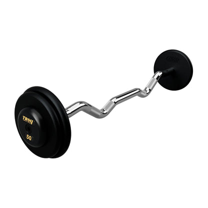 Troy Barbell PZB-R Pro Style 50lb EZ Curl Black Barbell Black End Cap on white background.